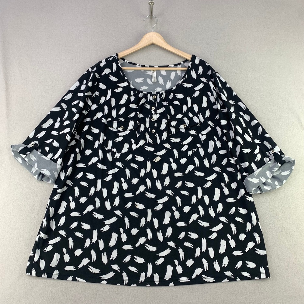 Perception Women Abstract Print Blouse Womens 3X Black White Roll Tab Sleeve Top